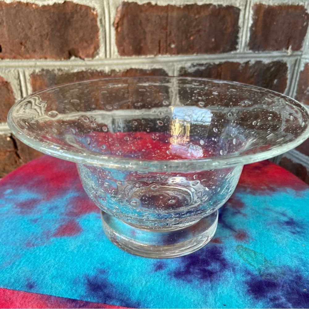 Heavy, clear, handmade “bubble” glass, pedestal bowl